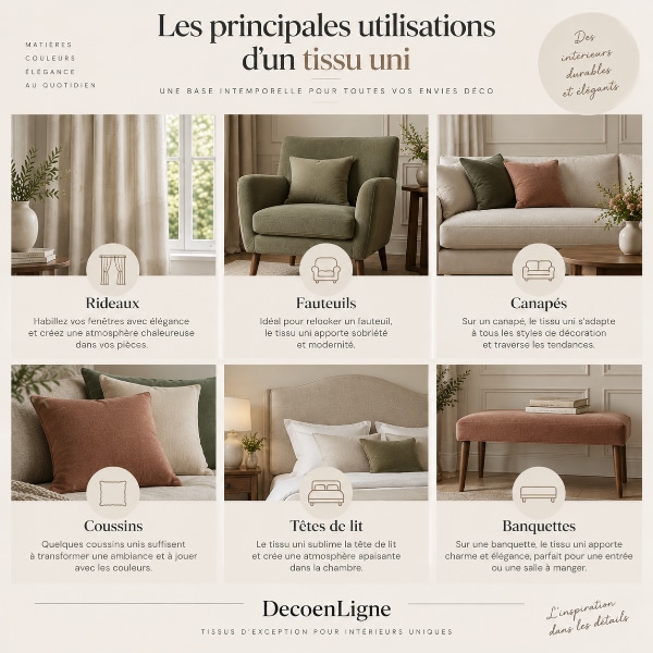 Infographie présentant les principales utilisations d'un tissu uni en décoration intérieure : rideaux, fauteuils, canapés, coussins, têtes de lit et banquettes.